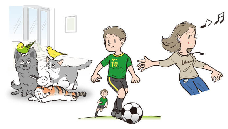 ペット、サッカー少年、音楽好きの女の子のイラスト